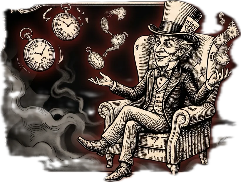 The Mad Hatter reclining in an armchair, juggling pocket watches and banknotes through smoke